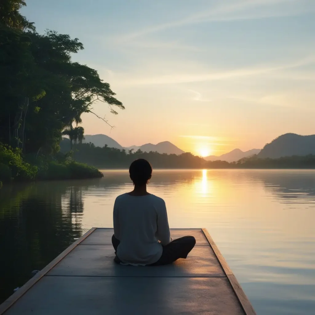 Mujer reflexionando sobre la salud mental al atardecer en la orilla de un río, conectando con su bienestar emocional.